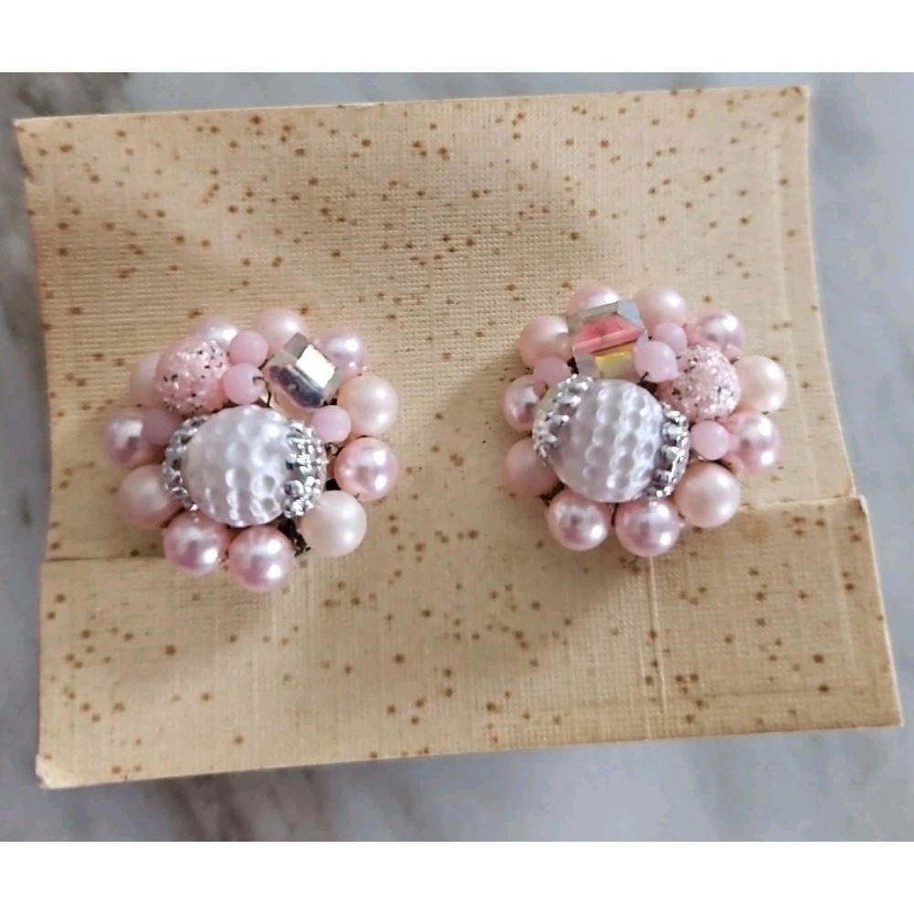 Pink Beaded Japan Cluster Beaded Clip On Earrings Vintage Costume Jewelry NOS